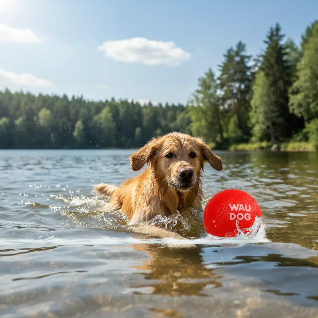 Red Ball z psem w wodzie.webp